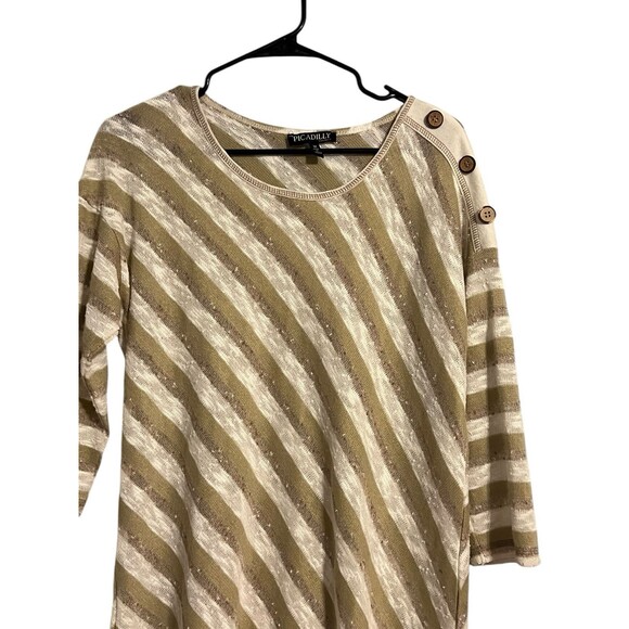 Picadilly Fashions Tan & Gold Asymmetrical Striped Top Size M - Picture 2 of 9